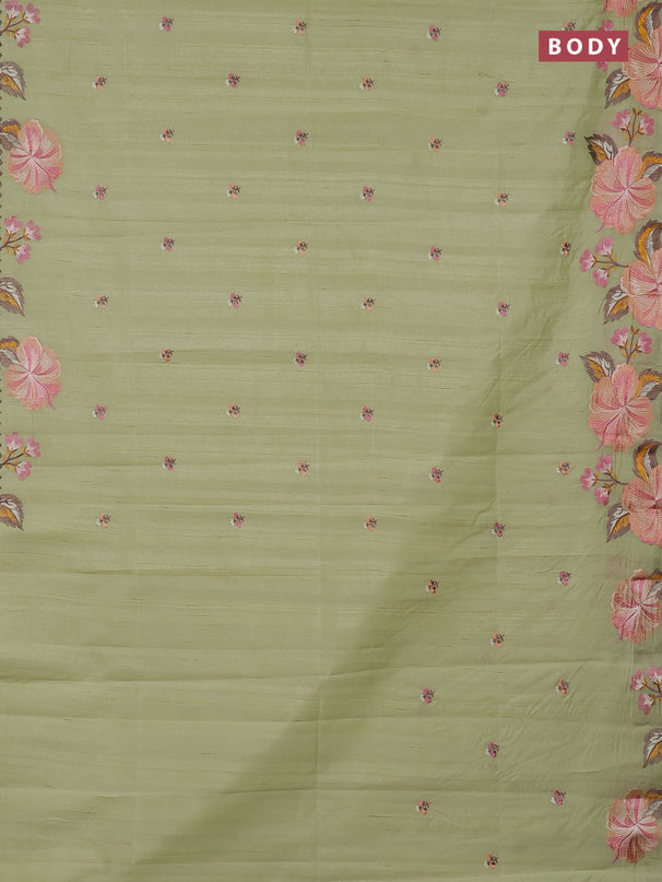 Semi raw silk saree pista green with embroidery buttas and embriodery border