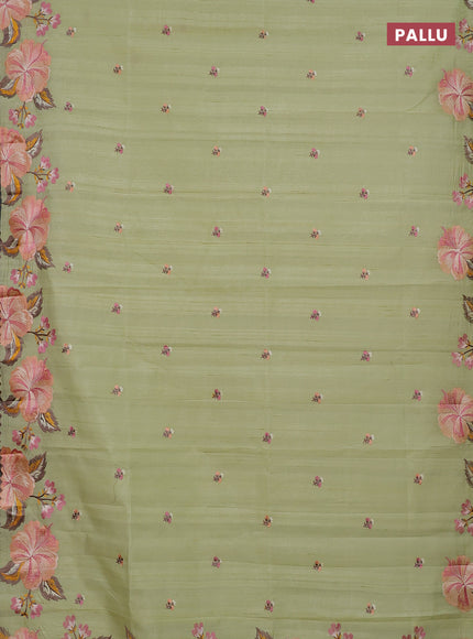 Semi raw silk saree pista green with embroidery buttas and embriodery border