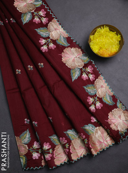Semi raw silk saree deep purple with embroidery buttas and embriodery border