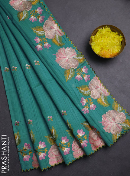Semi raw silk saree teal green with embroidery buttas and embriodery border