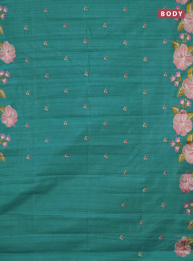 Semi raw silk saree teal green with embroidery buttas and embriodery border