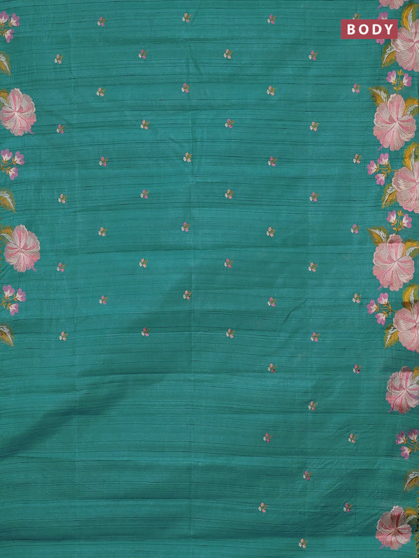 Semi raw silk saree teal green with embroidery buttas and embriodery border