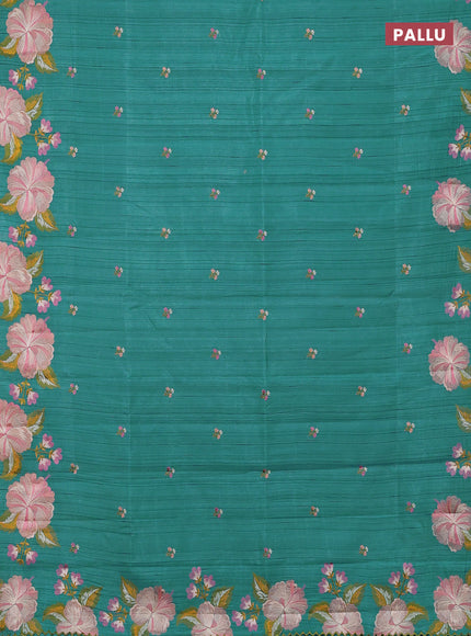 Semi raw silk saree teal green with embroidery buttas and embriodery border