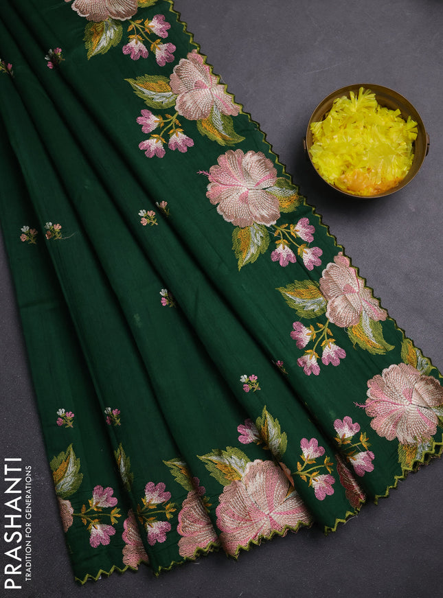 Semi raw silk saree bottle green with embroidery buttas and embriodery border
