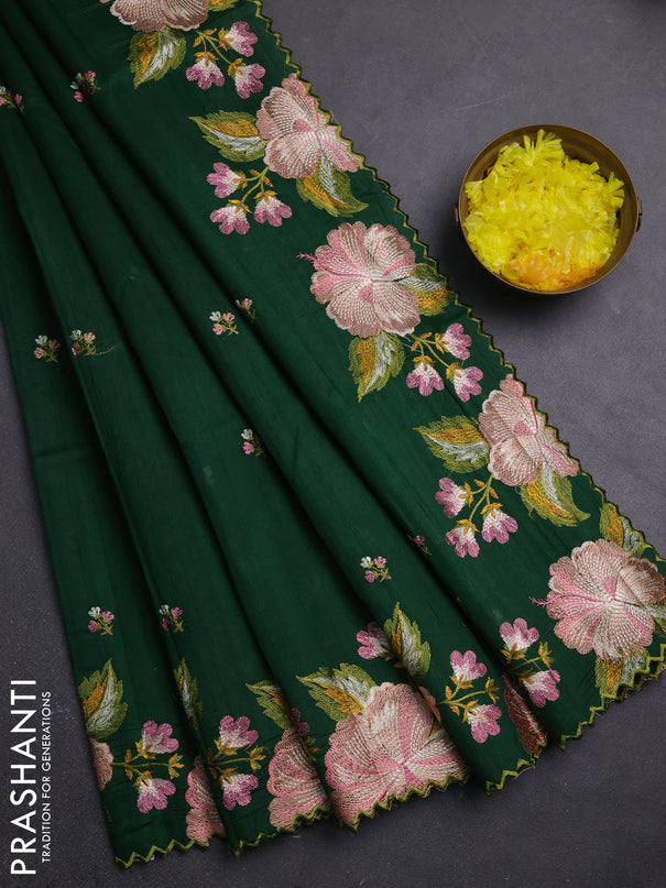 Semi raw silk saree bottle green with embroidery buttas and embriodery border