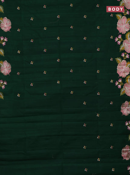 Semi raw silk saree bottle green with embroidery buttas and embriodery border