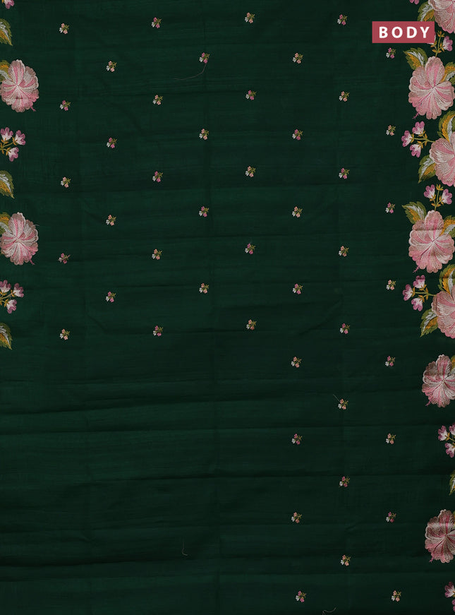 Semi raw silk saree bottle green with embroidery buttas and embriodery border