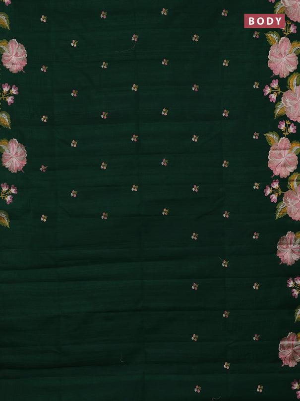 Semi raw silk saree bottle green with embroidery buttas and embriodery border