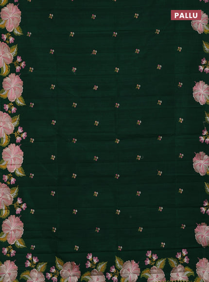 Semi raw silk saree bottle green with embroidery buttas and embriodery border