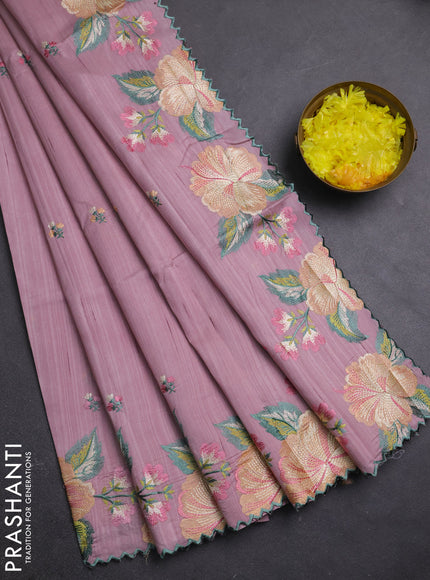 Semi raw silk saree pastel pink with embroidery buttas and embriodery border