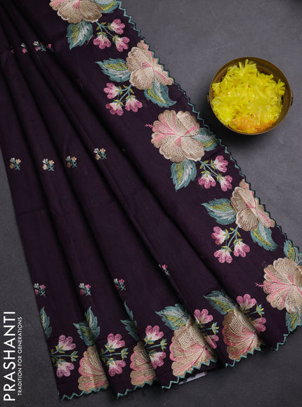 Semi raw silk saree deep purple with embroidery buttas and embriodery border