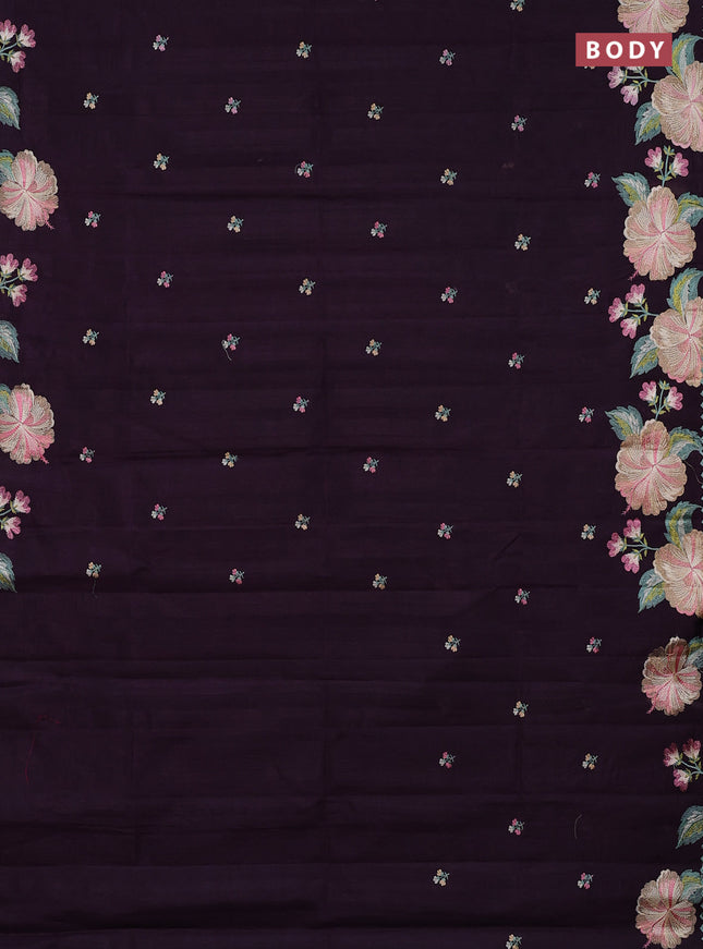 Semi raw silk saree deep purple with embroidery buttas and embriodery border
