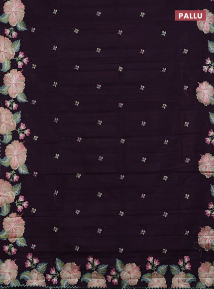 Semi raw silk saree deep purple with embroidery buttas and embriodery border