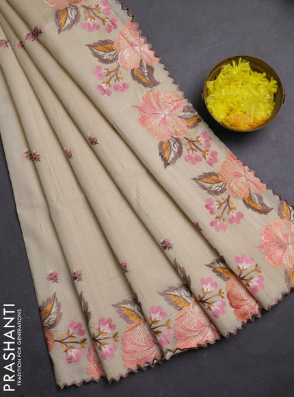 Semi raw silk saree beige with embroidery buttas and embriodery border
