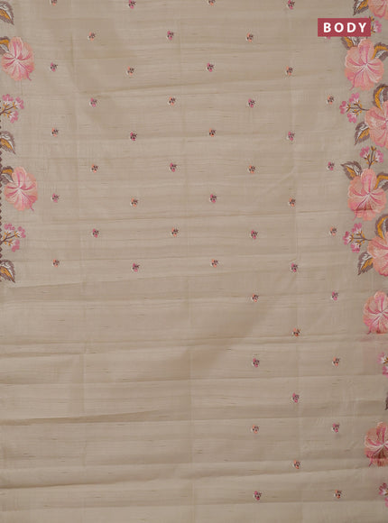 Semi raw silk saree beige with embroidery buttas and embriodery border
