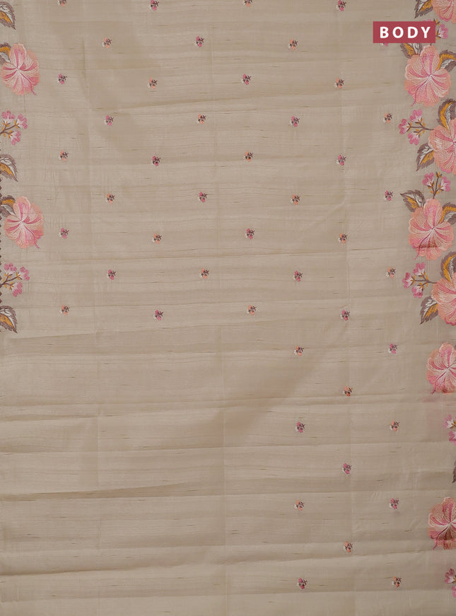 Semi raw silk saree beige with embroidery buttas and embriodery border