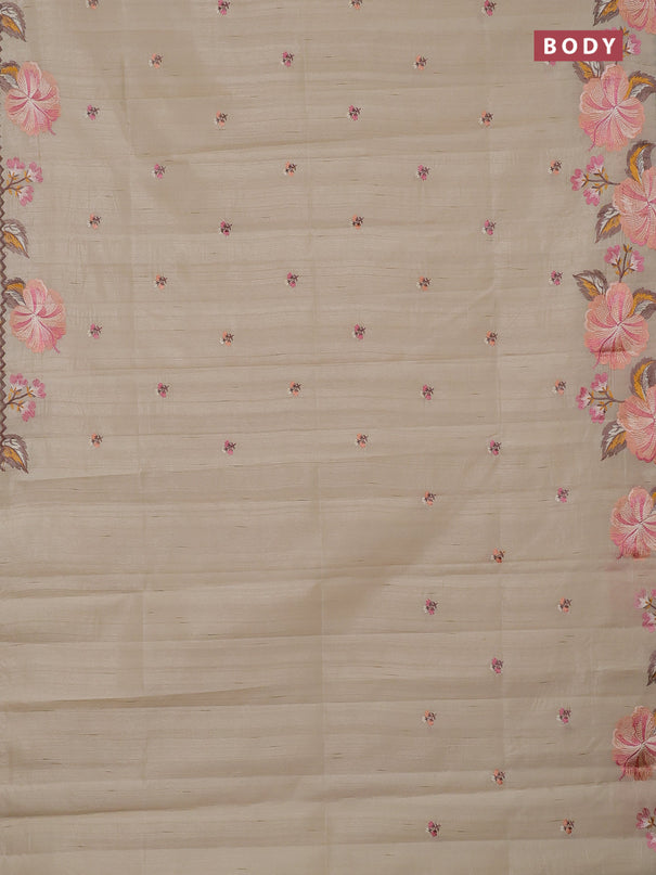 Semi raw silk saree beige with embroidery buttas and embriodery border