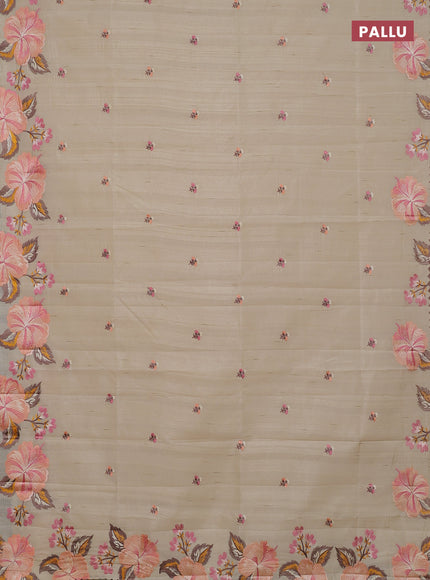 Semi raw silk saree beige with embroidery buttas and embriodery border