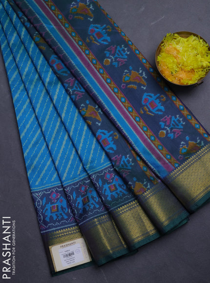 Semi tussar saree cs blue and bottle green with allover leheriya weaves and zari woven border