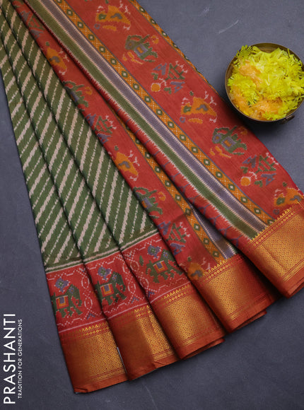 Semi tussar saree mehendi green and rustic shade with allover leheriya weaves and zari woven border