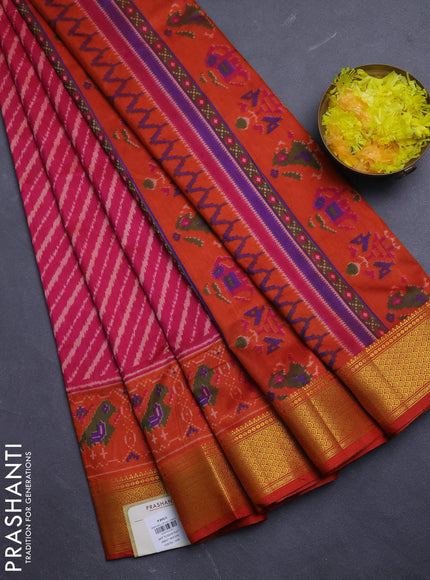 Semi tussar saree pink and rustic orange with allover leheriya weaves and zari woven border