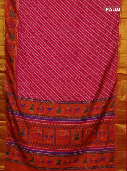 Semi tussar saree pink and rustic orange with allover leheriya weaves and zari woven border