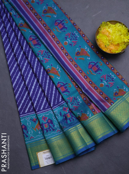Semi tussar saree navy blue and teal green with allover patola prints and zari woven border