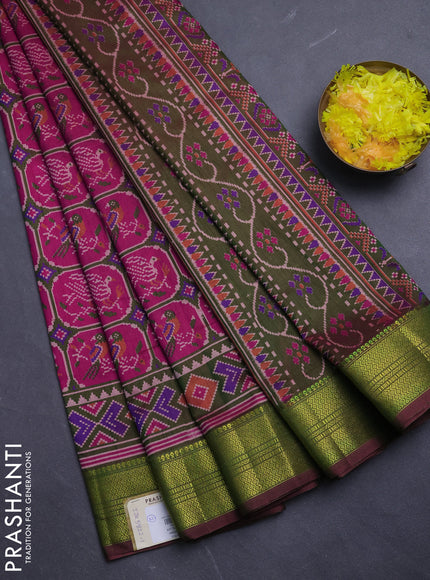 Semi tussar saree dark pink and dual shade of green with allover patola prints and zari woven border
