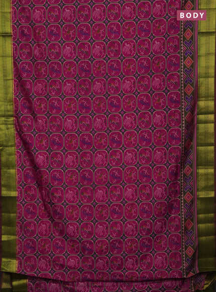 Semi tussar saree dark pink and dual shade of green with allover patola prints and zari woven border