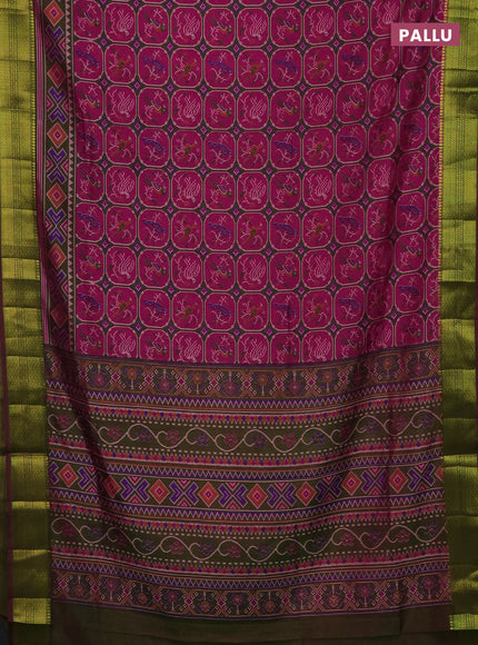 Semi tussar saree dark pink and dual shade of green with allover patola prints and zari woven border