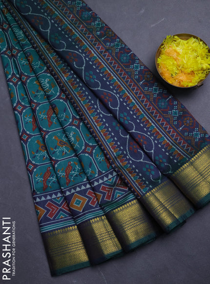 Semi tussar saree peacock green and peacock blue with allover patola prints and zari woven border