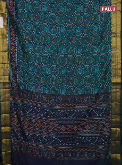 Semi tussar saree peacock green and peacock blue with allover patola prints and zari woven border