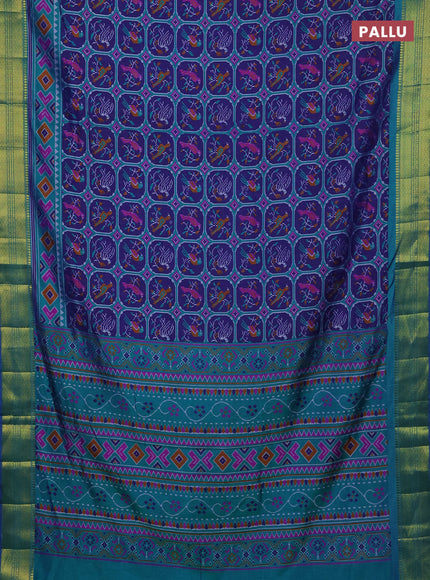 Semi tussar saree navy blue and teal green with allover patola prints and zari woven border