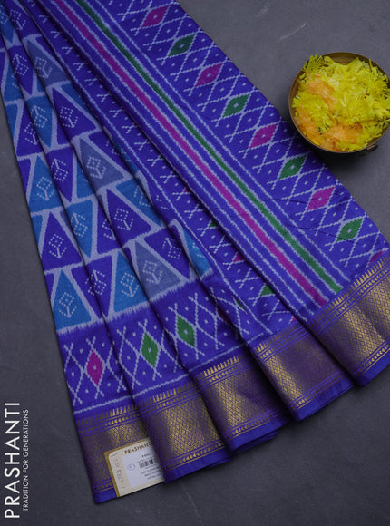 Semi tussar saree teal blue and blue with allover ikat prints and zari woven border