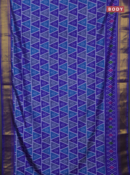 Semi tussar saree teal blue and blue with allover ikat prints and zari woven border