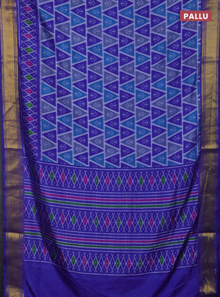 Semi tussar saree teal blue and blue with allover ikat prints and zari woven border