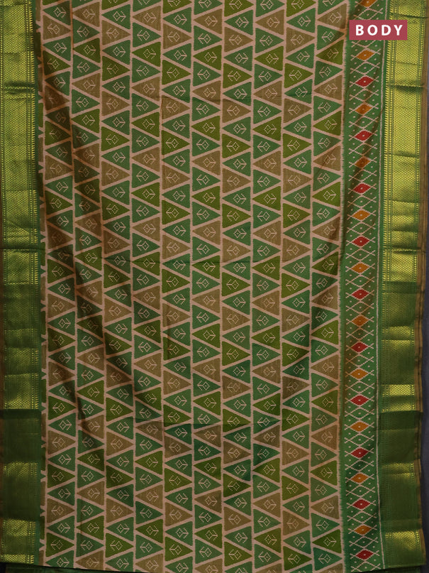 Semi tussar saree peach shade and light green with allover ikat prints and zari woven border