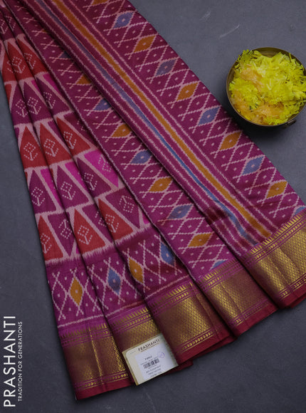 Semi tussar saree purple and pink with allover ikat prints and zari woven border