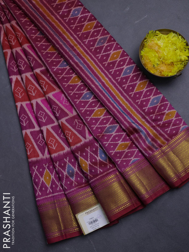 Semi tussar saree purple and pink with allover ikat prints and zari woven border