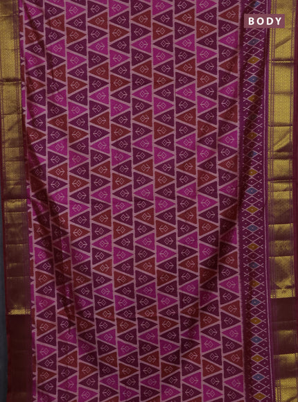 Semi tussar saree purple and pink with allover ikat prints and zari woven border