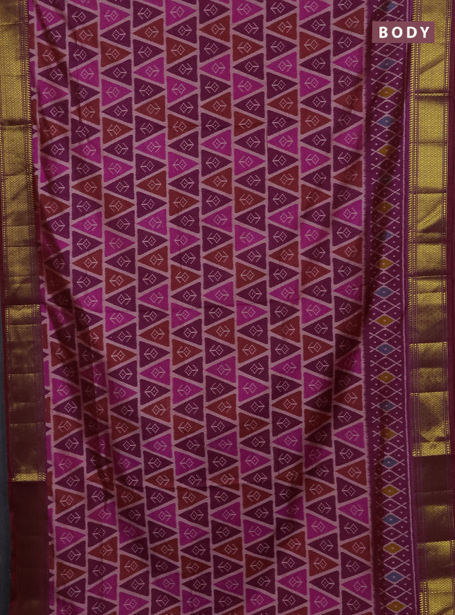 Semi tussar saree purple and pink with allover ikat prints and zari woven border