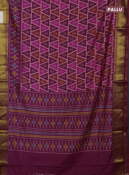 Semi tussar saree purple and pink with allover ikat prints and zari woven border