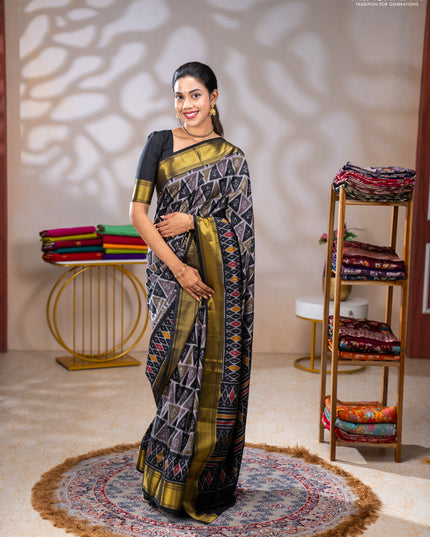 Semi tussar saree grey and black with allover ikat prints and zari woven border
