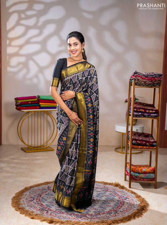 Semi tussar saree grey and black with allover ikat prints and zari woven border