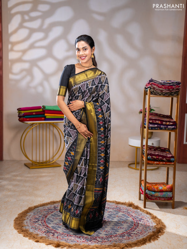 Semi tussar saree grey and black with allover ikat prints and zari woven border