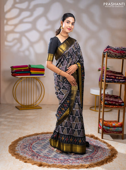 Semi tussar saree grey and black with allover ikat prints and zari woven border