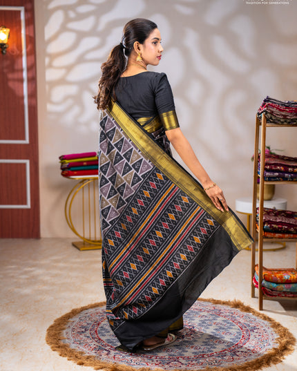 Semi tussar saree grey and black with allover ikat prints and zari woven border