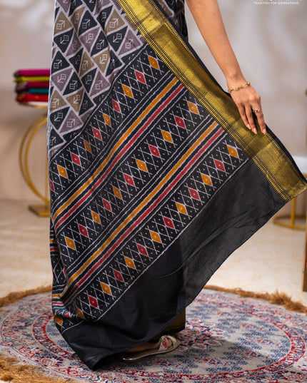 Semi tussar saree grey and black with allover ikat prints and zari woven border
