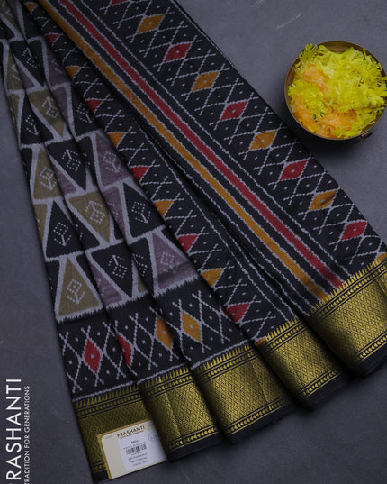 Semi tussar saree grey and black with allover ikat prints and zari woven border