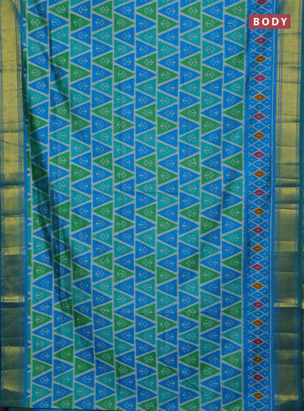 Semi tussar saree teal green and cs blue with allover ikat prints and zari woven border